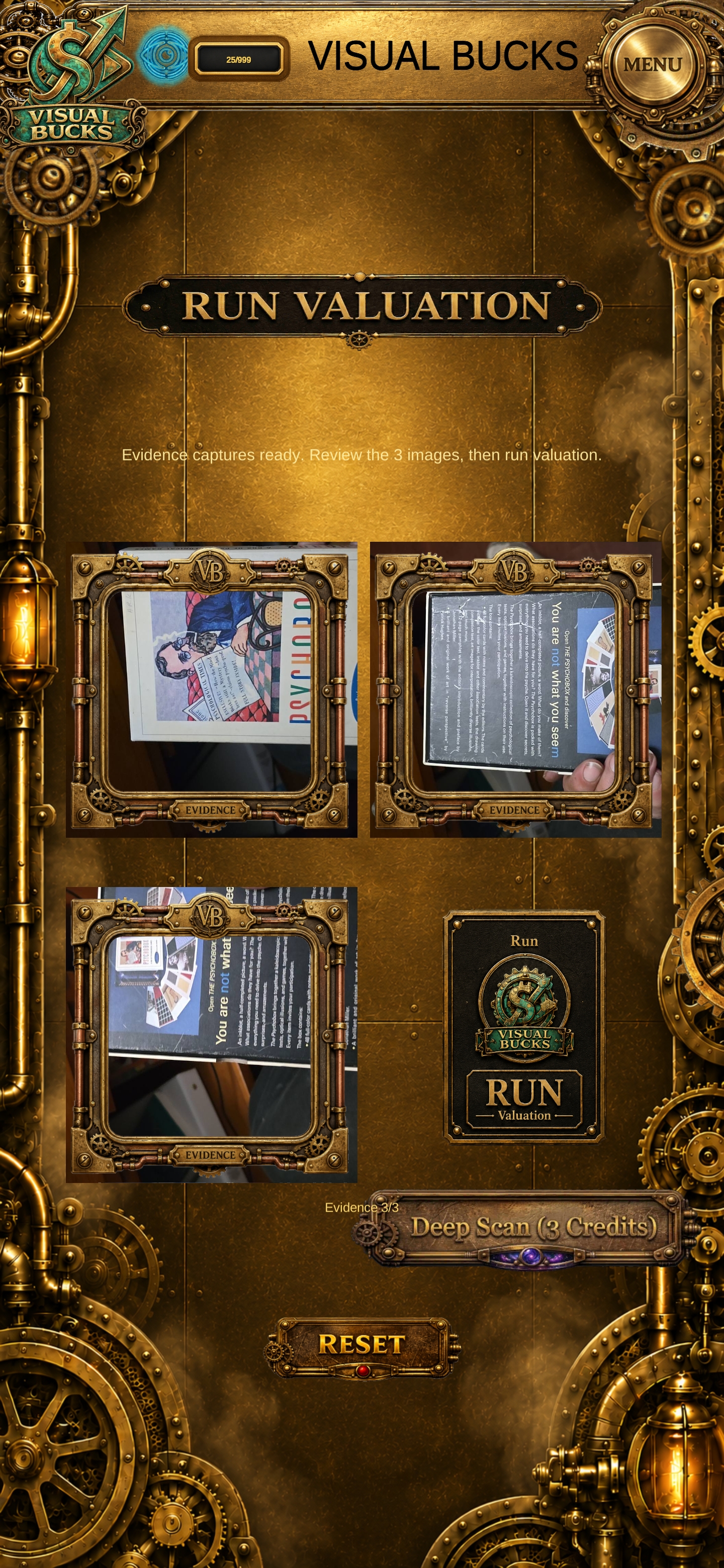 VisualBucks run valuation screen with evidence photos