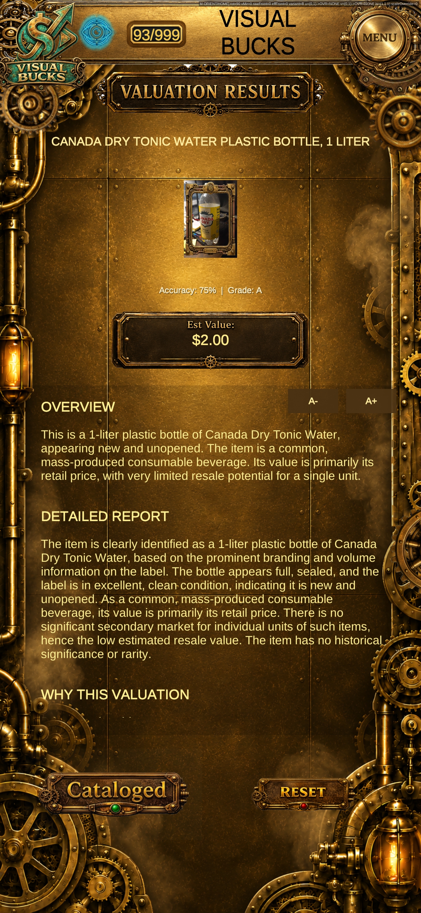 VisualBucks valuation results screen showing estimated value and report